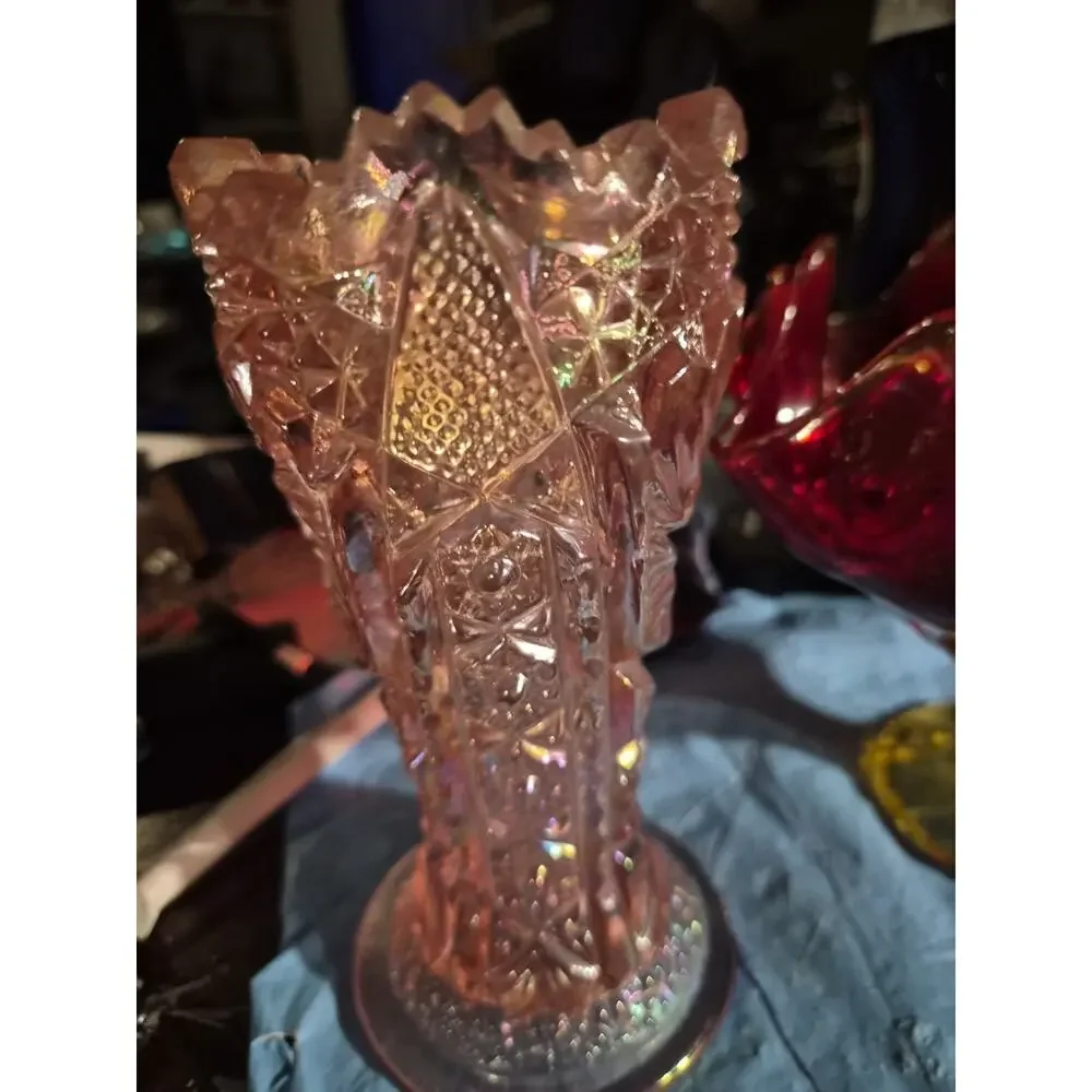 Vintage LE Smith Pink Carnival Glass Vase With Aztec Herritage Whirling Star...